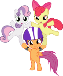 Size: 1024x1236 | Tagged: safe, artist:caffeinejunkie, apple bloom, scootaloo, sweetie belle, earth pony, pegasus, pony, unicorn, flight to the finish, g4, adorabloom, belly, bipedal, bow, cute, cutealoo, cutie mark crusaders, diasweetes, elbow pads, female, filly, hair bow, helmet, looking at you, open mouth, open smile, pony pyramid, pyramid, simple background, smiling, transparent background, vector