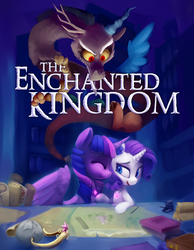 Size: 3500x4500 | Tagged: safe, artist:lilfunkman, discord, rarity, twilight sparkle, alicorn, pony, unicorn, fanfic:the enchanted kingdom, g4, cover art, cute, element of magic, eyes closed, fanfic, fanfic art, fanfic cover, female, jewelry, lesbian, map, necklace, ship:rarilight, shipping, twilight sparkle (alicorn)