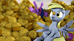 Size: 4000x2250 | Tagged: safe, artist:thevioletghost, derpy hooves, twilight sparkle, alicorn, pegasus, pony, g4, 3d, cute, food, muffin, source filmmaker, twilight sparkle (alicorn)