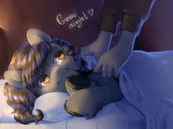 Size: 3583x2665 | Tagged: safe, artist:aphphphphp, oc, oc only, oc:rune riddle, human, pony, bed, blanket, dialogue, disembodied hand, hand, high res, pillow, sleepy, striped mane, unshorn fetlocks, ych result