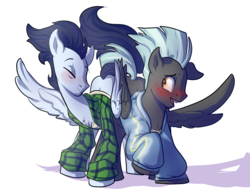 Size: 2690x2100 | Tagged: safe, artist:heyerika, soarin', thunderlane, pony, g4, blushing, butt bump, butt to butt, butt touch, clothes, dancing, floppy ears, gay, high res, male, shipping, simple background, soarilane