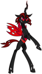 Size: 1586x2775 | Tagged: dead source, safe, artist:moeclere, oc, oc only, oc:pupa, changeling, changeling oc, grin, rearing, red and black oc, red changeling, simple background, slit pupils, smiling, solo, standing up, transparent background