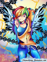 Size: 1024x1365 | Tagged: safe, alternate version, artist:animechristy, rainbow dash, human, g4, arm behind head, armpits, breasts, clothes, female, humanized, looking at you, one eye closed, smiling, solo, winged humanization, wings, wink