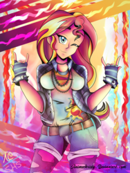 Size: 1024x1365 | Tagged: safe, alternate version, artist:animechristy, sunset shimmer, human, g4, clothes, devil horn (gesture), female, fingerless gloves, gloves, humanized, looking at you, shirt, smiling, solo