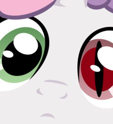 Size: 500x549 | Tagged: safe, sweetie belle, demon, pony, unicorn, mentally advanced series, rainbow dash presents, g4, adoracreepy, close-up, creepy, cute, female, filly, heterochromia, meme, possessed, possession, solo, stare, thrackerzod