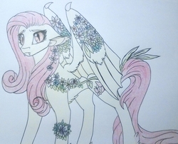 Size: 835x676 | Tagged: safe, artist:evergreen-gemdust, fluttershy, bat pony, pony, g4, fangs, female, flower, flutterbat, race swap, simple background, slit pupils, solo, traditional art