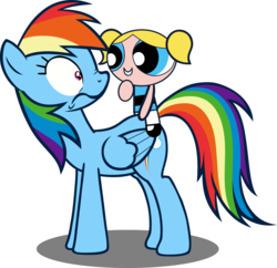 Size: 900x870 | Tagged: safe, artist:youki506, rainbow dash, pegasus, pony, double rainboom, g4, bubbles (powerpuff girls), crossover, female, humans riding ponies, rider, riding, simple background, the powerpuff girls, transparent background, wide eyes