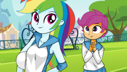 Size: 1920x1080 | Tagged: safe, artist:philelmago, rainbow dash, scootaloo, equestria girls, g4, clothes, grass, outdoors, smiling, tree