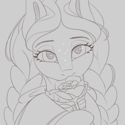Size: 3600x3600 | Tagged: safe, artist:askamberfawn, oc, oc only, oc:dahlia, crystal pony, pony, braid, clothes, dress, female, flower, freckles, high res, looking at you, mare, monochrome, rose, sketch, solo