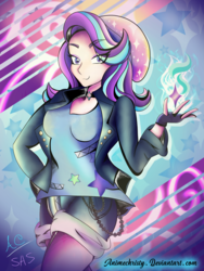 Size: 1024x1365 | Tagged: safe, alternate version, artist:animechristy, starlight glimmer, equestria girls, equestria girls specials, g4, mirror magic, alternate clothes, anime, beanie, chains, clothes, cute, cutie mark, female, fingerless gloves, fire, gloves, hat, jacket, looking at you, shorts, solo, stars, wavy mouth