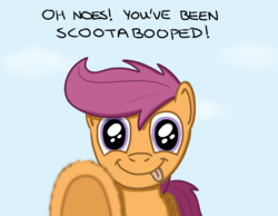 Size: 1080x840 | Tagged: safe, artist:hoofclid, scootaloo, pegasus, pony, g4, :p, boop, breaking the fourth wall, bronybait, female, filly, fluffy, looking at you, silly, simple background, smiling, solo, tongue out, white background