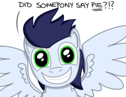 Size: 540x420 | Tagged: safe, artist:hoofclid, soarin', pegasus, pony, g4, cute, dialogue, grin, happy, looking at you, male, pie, simple background, smiling, soarin' fuel, soarinbetes, solo, spread wings, stallion, that pony sure does love pies, white background, wingboner, wings