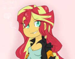Size: 1361x1075 | Tagged: safe, artist:mildockart, sunset shimmer, equestria girls, g4, bust, clothes, colored pupils, female, gradient background, heart, jacket, looking at you, shirt, smiling, solo
