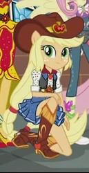 Size: 247x477 | Tagged: safe, screencap, applejack, dance magic, equestria girls, g4, spoiler:eqg specials, beautiful, belt, belt buckle, boots, clothes, cowboy boots, cowboy hat, cowgirl, cropped, cute, denim skirt, freckles, hat, high heel boots, looking at you, offscreen character, ponied up, shoes, skirt, skirt lift, smiling, stetson, vest