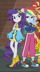Size: 369x667 | Tagged: safe, screencap, rainbow dash, rarity, sunset shimmer, equestria girls, equestria girls specials, g4, my little pony equestria girls: dance magic, clothes, converse, cropped, female, high heels, pants, ponied up, rapper dash, shoes, skirt, smiling, sneakers, wings