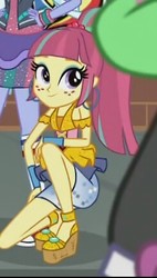 Size: 244x431 | Tagged: safe, screencap, pinkie pie, sour sweet, sugarcoat, dance magic, equestria girls, g4, spoiler:eqg specials, clothes, disco dress, ear piercing, earring, female, freckles, high heels, jewelry, offscreen character, piercing, ponytail, shoes, skirt, skirt lift, smiling