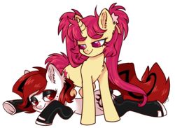 Size: 3517x2568 | Tagged: safe, artist:hawthornss, oc, oc only, oc:lilith, oc:seren, oc:seren song, earth pony, pony, unicorn, bedroom eyes, blushing, bow, clothes, eyeshadow, hair bow, high res, latex, long mane, makeup, pigtails, socks, twintails, underhoof