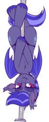 Size: 364x890 | Tagged: safe, artist:lulubell, oc, oc only, oc:night watch, bat pony, pony, ear piercing, female, hanging, mare, piercing, red eyes, solo, stripper pole, unshorn fetlocks, upside down