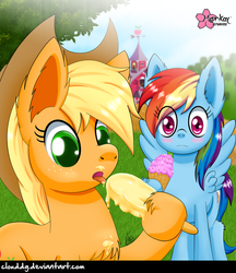 Size: 864x1000 | Tagged: safe, artist:clouddg, applejack, rainbow dash, earth pony, pegasus, pony, g4, blushing, dessert, duo, female, food, hoof hold, ice cream, ice cream cone, licking, mare, messy eating, open mouth, popsicle, spread wings, sweet apple acres, tongue out, wingboner, wings