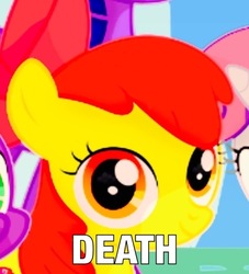 Size: 722x796 | Tagged: safe, apple bloom, g4, close-up, contrast, death, extreme close-up, meme, text, triggered