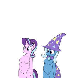 Size: 800x800 | Tagged: safe, artist:kushina13, starlight glimmer, trixie, unicorn, semi-anthro, g4, arm hooves, barbie doll anatomy, bipedal, breasts, cape, clothes, duo, featureless breasts, hat, simple background, standing, sweat, sweatdrop, trixie's cape, trixie's hat, white background