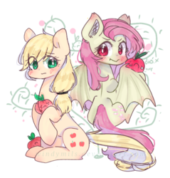 Size: 637x666 | Tagged: safe, artist:windymils, applejack, fluttershy, bat pony, pony, g4, apple, blushing, duo, female, flutterbat, food, mare, missing accessory, race swap, simple background, sitting, transparent background