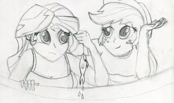 Size: 1000x596 | Tagged: safe, artist:applety, applejack, sunset shimmer, fish, fanfic:shadows cast over the sunset, equestria girls, g4, fanfic, fanfic art, female, monochrome, pencil drawing, traditional art