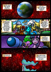 Size: 827x1169 | Tagged: safe, artist:darklamprey, derpy hooves, princess celestia, spike, twilight sparkle, alicorn, dragon, pegasus, pony, comic:equestria's war of the worlds, g4, comic, crossover, ethereal mane, female, male, mare, planet, ponyville, telescope, the war of the worlds, twilight sparkle (alicorn)