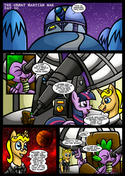 Size: 827x1169 | Tagged: safe, artist:darklamprey, spike, twilight sparkle, alicorn, dragon, pony, unicorn, comic:equestria's war of the worlds, g4, clothes, comic, crossover, dialogue, female, male, mare, misspelling of you're, night, observatory, stallion, suit, telescope, the war of the worlds, trio, twilight sparkle (alicorn)