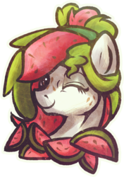 Size: 600x852 | Tagged: safe, artist:tiothebeetle, oc, oc only, oc:watermelana, pony, bust, female, food, freckles, mare, one eye closed, portrait, simple background, solo, transparent background, watermelon, wink