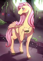 Size: 992x1403 | Tagged: safe, artist:dankflank, fluttershy, horse, pegasus, pony, g4, blushing, cave, cute, female, hoers, mare, raised hoof, realistic, shyabetes, solo