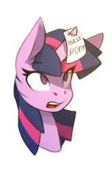 Size: 365x556 | Tagged: safe, artist:n_thing, twilight sparkle, pony, unicorn, g4, best pony, bust, female, frown, horn, horn impalement, looking up, mare, no pupils, note, open mouth, portrait, simple background, surprised, white background, wide eyes
