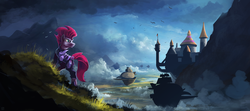 Size: 2025x900 | Tagged: dead source, safe, artist:shamanguli, tempest shadow, pony, unicorn, g4, my little pony: the movie, airship, armor, broken horn, canterlot, female, horn, looking back, mare, scenery, solo