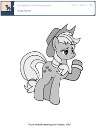 Size: 600x800 | Tagged: safe, artist:dekomaru, applejack, earth pony, pony, tumblr:ask twixie, g4, applestuck, ask, female, grayscale, monochrome, solo, tumblr