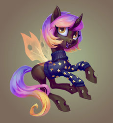Size: 2240x2435 | Tagged: safe, artist:holivi, oc, oc only, changeling, hybrid, clothes, female, high res, solo, sweater