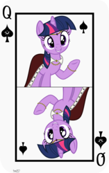 Size: 3809x6062 | Tagged: safe, artist:ironm17, part of a set, twilight sparkle, pony, unicorn, g4, cape, card, clothes, female, grin, jewelry, mare, playing card, queen of spades, smiling, solo, unicorn twilight, vector