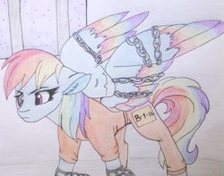 Size: 822x648 | Tagged: safe, artist:evergreen-gemdust, rainbow dash, pegasus, pony, g4, b-f16, bound wings, chains, clothes, colored wings, female, mare, multicolored hair, multicolored wings, prison outfit, prisoner rd, solo, traditional art
