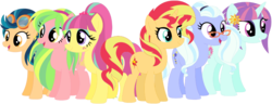 Size: 1024x392 | Tagged: safe, artist:ra1nb0wk1tty, indigo zap, lemon zest, sour sweet, sugarcoat, sunny flare, sunset shimmer, earth pony, pegasus, pony, unicorn, g4, alternate universe, ear piercing, earring, equestria girls ponified, female, glasses, goggles, jewelry, mare, piercing, ponified, shadow five, simple background, transparent background