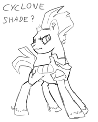 Size: 969x1200 | Tagged: safe, artist:faience, tempest shadow, pony, unicorn, g4, my little pony: the movie, armor, black and white, broken horn, concave belly, cyclone shade, ear fluff, grayscale, horn, it begins, it happened, male, monochrome, quadrupedal, rule 63, scrunchy face, simple background, sketch, slender, solo, stallion, standing, thin, unshorn fetlocks, white background