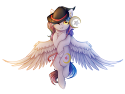 Size: 2007x1507 | Tagged: safe, artist:cloud-drawings, oc, oc only, oc:shylu, pegasus, pony, art trade, female, hat, looking at you, mare, one eye closed, simple background, smiling, solo, spread wings, staff, transparent background, wings, wink, witch hat