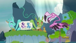 Size: 1655x931 | Tagged: safe, screencap, arista, cornicle, starlight glimmer, trixie, changedling, changeling, flamingo, g4, to change a changeling, cute, cuteling, disguise, disguised changeling, mouth hold, not thorax