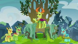 Size: 1920x1080 | Tagged: safe, screencap, arista, clypeus, cornicle, thorax, changedling, changeling, g4, to change a changeling, changeling hive, changeling king, concerned, king thorax, smiling, throne, tree, vine