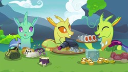Size: 1920x1080 | Tagged: safe, screencap, clypeus, lokiax, soupling, beetle, changedling, changeling, insect, g4, season 7, to change a changeling, aspic, background changeling, changedlings eating meat, changeling food, changelings eating meat, cuisine, cute, cuteling, discovery family logo, eyes closed, eyes on the prize, food, grin, grub, hoof hold, licking, licking lips, meat, open mouth, open smile, scarab, smiling, soup, sushi, tongue out, trio