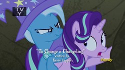 Size: 1920x1080 | Tagged: safe, screencap, starlight glimmer, trixie, pony, unicorn, g4, to change a changeling, :t, bagged, credits, female, kevin lappin, mare, scrunchy face, tv-y