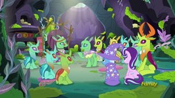 Size: 1920x1080 | Tagged: safe, screencap, arista, clypeus, cornicle, frenulum (g4), lokiax, soupling, starlight glimmer, thorax, trixie, tymbal, changedling, changeling, g4, to change a changeling, butt, feelings forum, hippieling, king thorax, plot, trixie is not amused, unamused