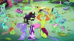 Size: 1920x1080 | Tagged: safe, screencap, arista, clypeus, cornicle, frenulum (g4), lokiax, pharynx, soupling, starlight glimmer, thorax, trixie, tymbal, changedling, changeling, pony, unicorn, g4, to change a changeling, discovery family logo, feelings forum, female, floppy ears, frown, glare, glasses, hippieling, jewelry, king thorax, lidded eyes, mare, necklace, open mouth, pointing, raised hoof, sad, sitting, smiling, unamused, underhoof, worried