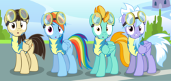 Size: 4735x2250 | Tagged: safe, artist:tomfraggle, cloudchaser, lightning dust, rainbow dash, wild fire, pegasus, pony, g4, :o, clothes, female, goggles, high res, looking at you, mare, open mouth, uniform, vector, wonderbolt trainee uniform
