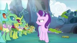 Size: 915x515 | Tagged: safe, screencap, arista, clypeus, cornicle, frenulum (g4), lokiax, soupling, starlight glimmer, changedling, changeling, g4, to change a changeling, discovery family logo