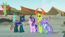 Size: 1920x1080 | Tagged: safe, screencap, arista, cornicle, pharynx, starlight glimmer, thorax, trixie, changedling, changeling, pony, unicorn, g4, to change a changeling, cape, clothes, discovery family logo, hat, king thorax, prince pharynx, trixie's cape, trixie's hat