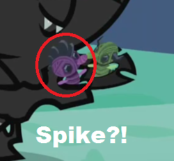 Size: 281x261 | Tagged: safe, edit, edited screencap, screencap, spike, thorax, changeling, dragon, nymph, g4, to change a changeling, caption, cropped, toy, younger